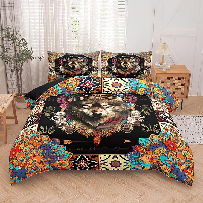 Tailor Shop Wolf Bedding Set for Boys Kids Bohemian Comforter Sets Full Size Wildlife Hunting Wolf Bed Set with 2 Pillowcases…
