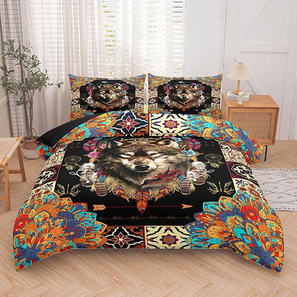 Tailor Shop Wolf Bedding Set for Boys Kids Bohemian Comforter Sets Full Size Wildlife Hunting Wolf Bed Set with 2 Pillowcases…