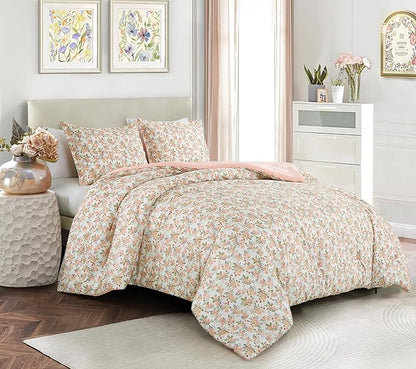 Chezmoi Collection Winika 3-Piece Floral Comforter Set King - Multicolor Pink Red Green Gray Floral Flowers Printed Microfiber Lightweight Bedding Set for All Season