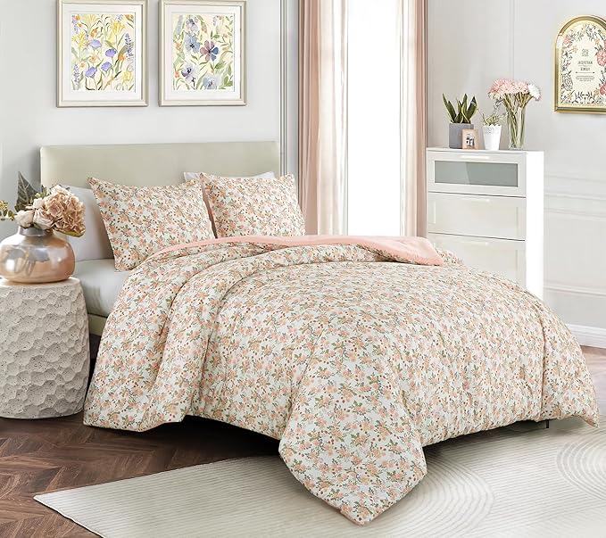 Chezmoi Collection Winika 3-Piece Floral Comforter Set Full - Multicolor Pink Red Green Gray Floral Flowers Printed Microfiber Lightweight Bedding Set for All Season