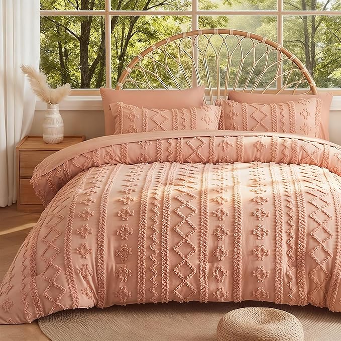 MR&HM Full Size Bed Sheets and Comforter Set Coral Pink, 7 Pieces Tufted Boho Beddding Sets, Farmhouse Style Bed in a Bag with 1 Comforter, 2 Pillow Shams, 2 Pillowcases, 1 Flat Sheet, 1 Fitted Sheet