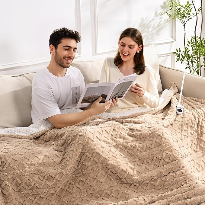 Heated Blanket Electric Queen Size - 84"x90" Electric Blanket with Dual Control, 9 Heat Levels and 1-10 Hours Timer, Soft Jacquard Fleece & Sherpa Washable, Great Gift Idea - Beige