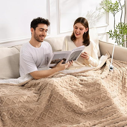 Heated Blanket Electric Queen Size - 84"x90" Electric Blanket with Dual Control, 9 Heat Levels and 1-10 Hours Timer, Soft Jacquard Fleece & Sherpa Washable, Great Gift Idea - Beige