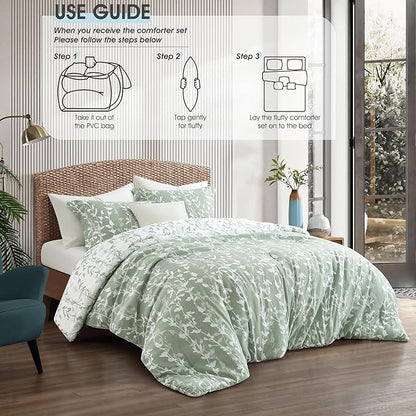 Sage Green Comforter Set, Twin Size, Vivid Leaves Branch 2 Pieces Bedding Set, Soft Polyester Microfiber Print, All Seasons, 1 Lightweight Comforter and 1 Pillow Sham