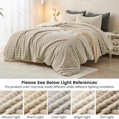Simple&Opulence Fluffy Faux Fur Comforter Set, Plush Fuzzy Minky Bedding Set, 3 Pieces Warm Soft Comforter Bedding Set for Winter - 1 Shaggy Comforter with 2 Pillow Shams(Queen, Striped - Khaki)