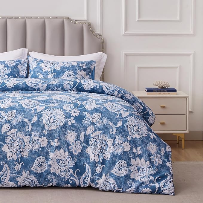 Sophia & William Blue and White Floral Queen Size Comforter Set, 3 Pcs Cotton Comforter Set with Flower Pattern Printed Comforter & 2 Pillowcases, All Season Lightweight Bedding Set