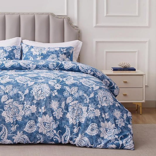 Sophia & William Blue and White Floral Queen Size Comforter Set, 3 Pcs Cotton Comforter Set with Flower Pattern Printed Comforter & 2 Pillowcases, All Season Lightweight Bedding Set