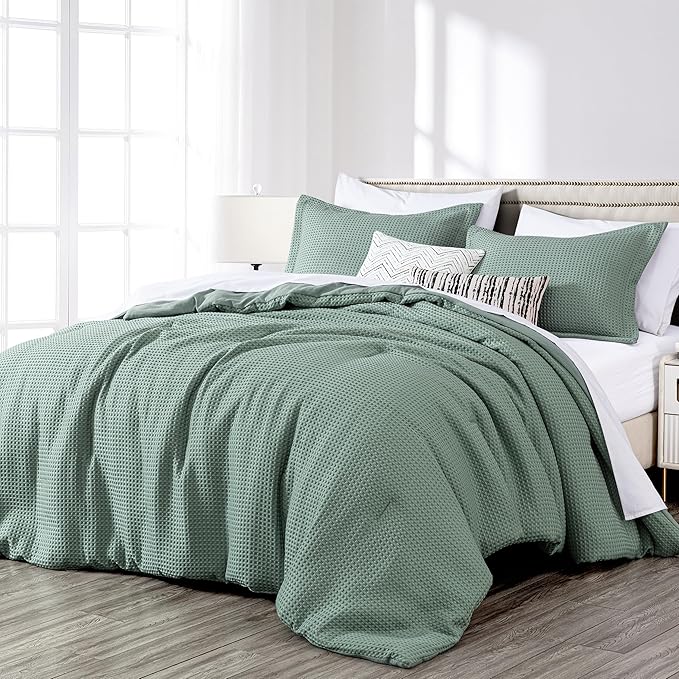 Chezmoi Collection Wilmer 3-Piece Queen Comforter Set, Sage Green, Soft and Cozy Lightweight Waffle Weave Comforter Bedding for All Season