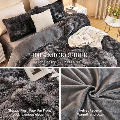 Andency Faux Fur Tie-Dyed Dark Grey Comforter for Queen Size Bed, 3 Pieces Fluffy Fuzzy Plush Bedding Comforter Set (1 Shaggy Velvet Comforter & 2 Pillowcases)
