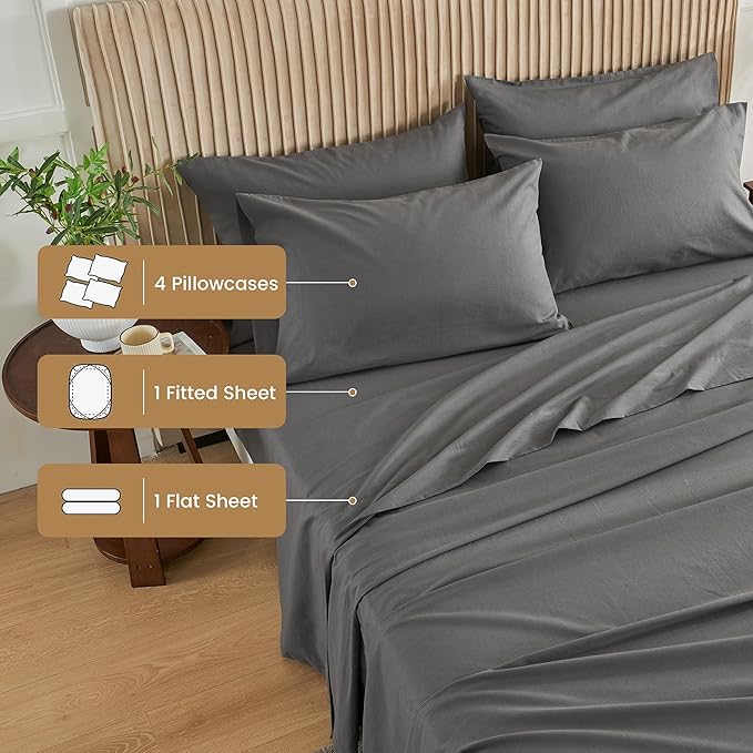 Simple&Opulence Belgian Linen Sheet Set Solid Color - 6 Pieces (1 Flat Sheet & 1 Fitted Sheet & 4 Pillowcases) 16" Deep Pocket Natural Flax Cotton Blended Soft Bedding - Dark Grey, California King