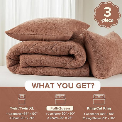 Comfort Spaces Queen Comforter Set Reversible Feather-Soft Plush Comforters for Queen Size Bed All Season Lightweight Shearling Fleece Sherpa Comforter Queen Size Bed Set, Full/Queen, Brown 3 Piece