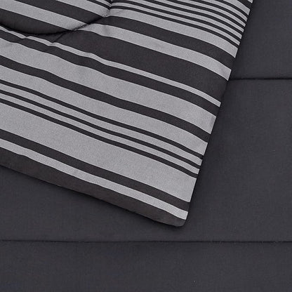 Amazon Basics Full/Queen Comforter Set with Sheets, 7-Piece Gray Calvin Stripe Bedding, Lightweight Microfiber Bed-in-a-Bag, Striped