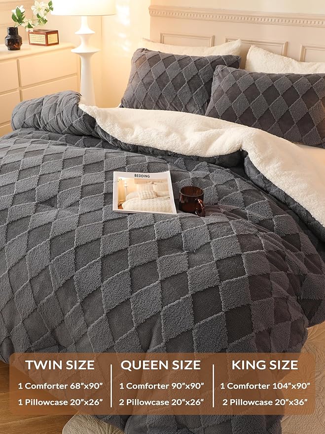 Tufted Fleece Comforter Set Twin - Super Soft Warm Fluffy Shaggy Bedding Sets, Diamond Plaid Jacquard Bed Set for Winter, 1 Sherpa Comforter with 1 Pillow Cases (68"X90" Grey)