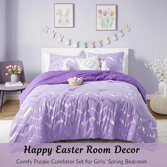 Codi Twin XL Bedding Set - Cute Purple Bed Set, Metallc Print Comforter - 3 Piece Sets for Girls, Includes 1 Comforter, 1 Decorative Pillow, and 1 Pillow Case - All Season, Lightweight and Warm