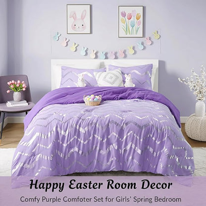 Codi Twin XL Bedding Set - Cute Purple Bed Set, Metallc Print Comforter - 3 Piece Sets for Girls, Includes 1 Comforter, 1 Decorative Pillow, and 1 Pillow Case - All Season, Lightweight and Warm