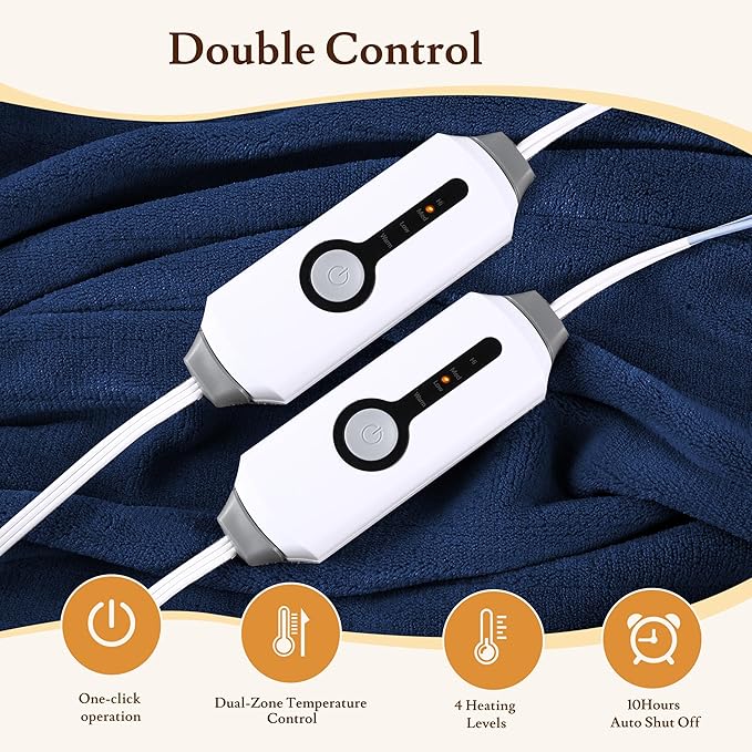 Electric Heated Blanket 84"x90" Queen Size - 4 Heat Settings & Dual Controllers, 10H Auto Shut Off, Ultra-Soft Coral Fleece Heated Blanket with Overheat Protection, Dark Blue