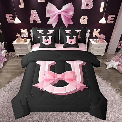 jejeloiu Kawaii Pink Bow King Comforter Set with Sheets,Gifts for Women Teen Girl,Monogrammed 7 Piece Bedding Set,Soft Personalized Initial Letter U Bed in a Bag with Comforter,Sheets,Pillowcases