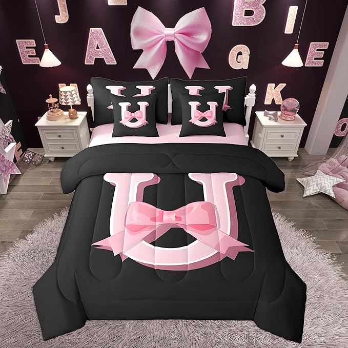 jejeloiu Kawaii Pink Bow Twin Comforter Set with Sheets,Gifts for Women Teen Girl,Monogrammed 7 Piece Bedding Set,Soft Personalized Initial Letter U Bed in a Bag with Comforter,Sheets,Pillowcases