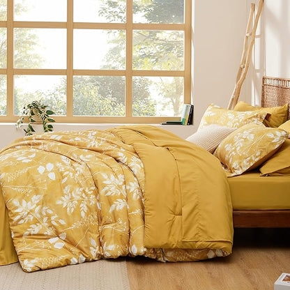 Bedsure King Size Comforter Set - 7 Pieces Floral Yellow Soft Bedding Sets, King Bed in a Bag with Botanical Flowers Comforter, Sheets, Pillowcases & Shams