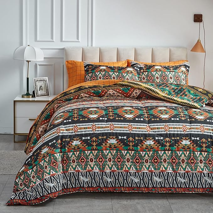 Flysheep Boho Bed in a Bag 7 Pieces King Size, Southwestern Bohemian Tribal Striped Printed, Reversible Bed Comforter Set (1 Comforter, 1 Flat Sheet, 1 Fitted Sheet, 2 Pillow Shams, 2 Pillowcases)
