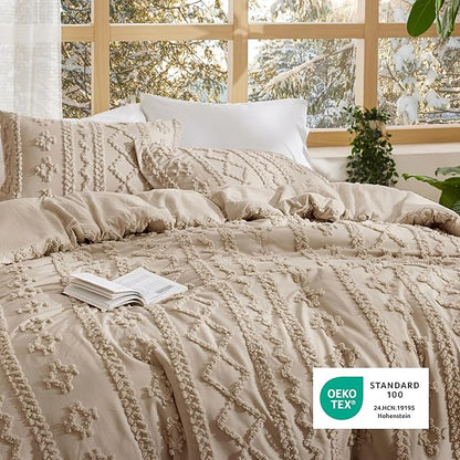 Bedsure Tufted Boho Comforter Set Oversized King - Khaki Boho Bed Set, GentleSoft™ 3 Pieces Farmhouse Shabby Chic Embroidery Bedding, Gifts for Woman, Soft Jacquard Comforter for All Seasons