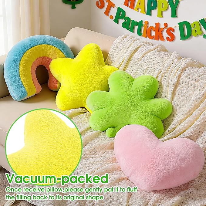 Set of 4 Plush St. Patrick's Day Pillows Lucky Charm Cereal Pillows Shamrock Shaped Throw Pillow Decorative Celtic Irish Clover Sofa Couch Cushion Pillow for Home Bedroom Livng Room Decor