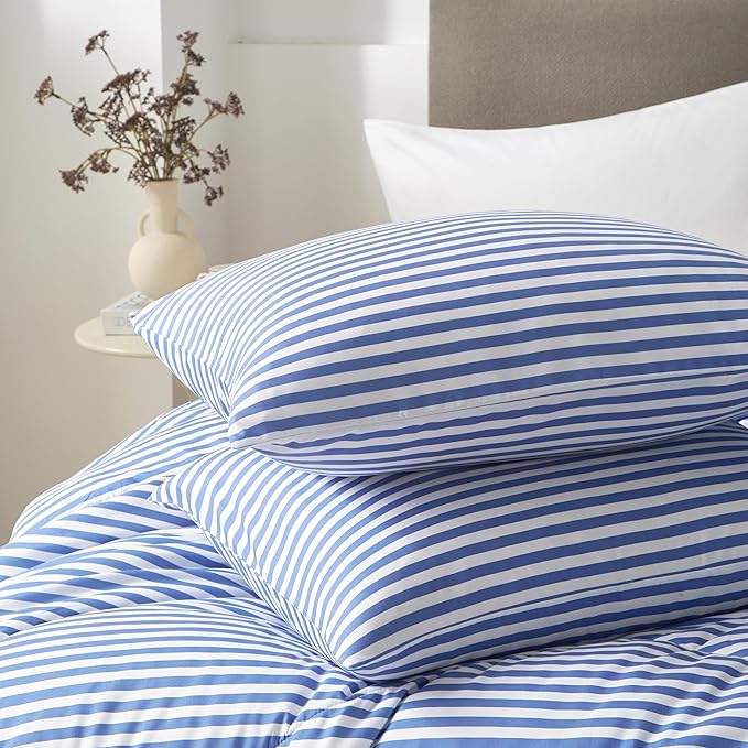mixinni Striped Comforter Set Queen Size - Blue Stripes Pattern Bed Set for All Season, 3 Pieces Lightweight Bedding Comforter Sets for All Seasons (1 Soft Fluffy Comforter + 2 Pillowcases)