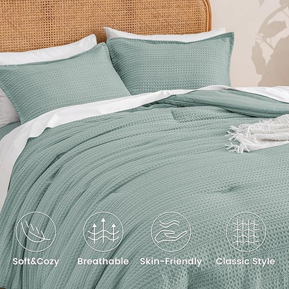 PHF Soft Waffle Comforter Set King Size- Comfy Breathable Waffle Weave Comforter with 2 Pillow Shams, 3 Pieces Less Snagging Lightweight Textured Bedding Set for All Season, Dusty Blue