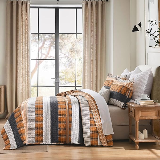 Homzard Queen Size Bedding Set，100% Cotton Quilts Queen Size，Orange Black Tan Bedspread Set，Plaid Striped Bedding Comforter Set，Lightweight Reversible Bed Set 3 Pieces