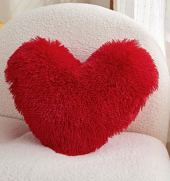 MOOWOO Red Heart Faux Fur Throw Pillow with Pillow Cover and Insert,Sherpa Plush Fluffy, Solid Color,Christmas Decorations,Valentines Day Decor, Heart Shape Gift for Girls,Love Pillow