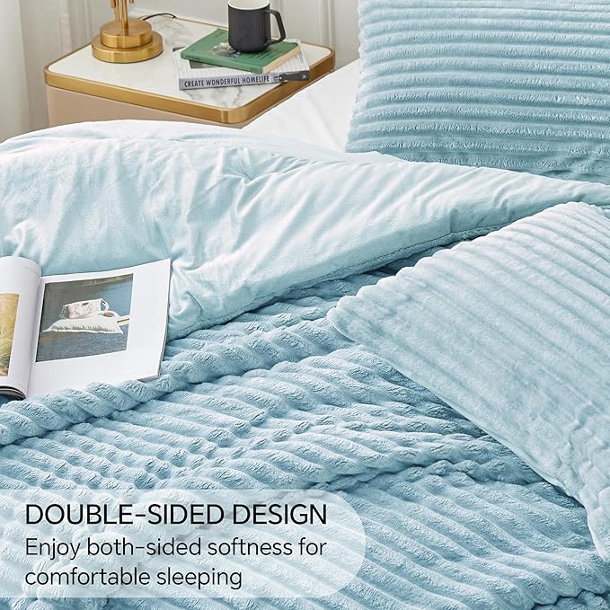 BEDELITE Fleece Queen Comforter Set -Super Soft & Warm Fluffy Light Blue Bedding, Luxury Fuzzy Heavy Bed Set for Winter with 2 Pillow Cases