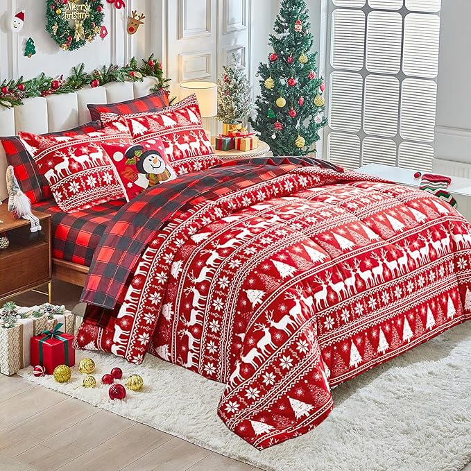 Christmas Red Bed in a Bag 7 Pcs King Size, Elk Deer Xmas Tree and Snowflake Pattern Bedding Comforter Set Warm for Winter(1 Comforter, 1 Flat Sheet, 1 Fitted Sheet, 2 Pillow Shams, 2 Pillowcases)