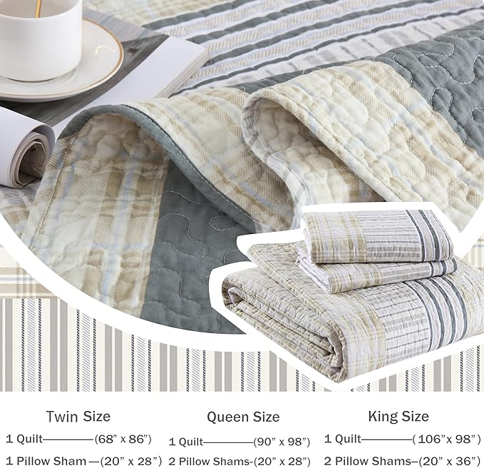 Homzard Quilts Queen Size - Cotton Queen Size Comforter Sets,Beige Grey Cotton Bedding,Striped Plaid Comforter Bedspread (90 * 98 Inches),3 Piece