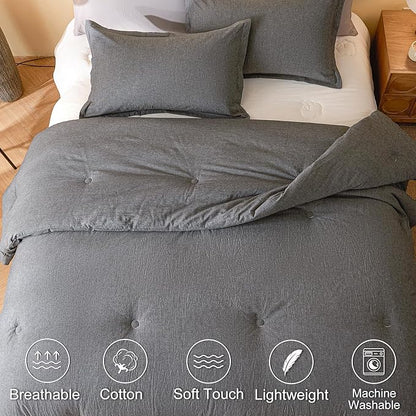 100% Cotton Comforter Set Queen Size – Reversible Yarn-Dyed Design, Soft Washed Cotton on Both Sides, Lightweight All-Season Bedding, Machine Washable(Black Grey, 90”x90”)