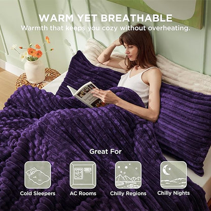 Bedsure King Size Comforter Set - GentleSoft™ 3 Pieces Fluffy Double-Side Fleece Comforter Set, Cozy Striped Room Decor Aesthetic, Luxury Purple King Bedding with 2 Pillowcases, 104x90 Inches
