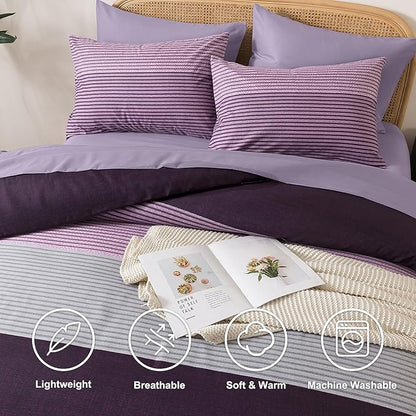 Andency Queen Comforter Set Purple - 7 Pieces Striped Lightweight Bed in a Bag, Soft Microfiber Reversible Bedding Set with Comforter, Fitted & Flat Sheet, Pillowcases & Shams