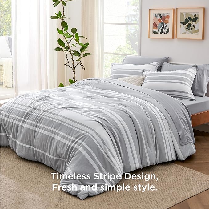 Bedsure King Comforter Set 7 Pieces, Grey Striped Bedding Set for All Seasons, Reversible, Cationic Dyeing Bed in a Bag with Comforter, Sheets, Pillowcases & Shams