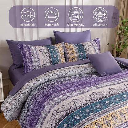 Cottolester Boho Full Comforter Set 8 Pieces,Violet Bohemian Striped Bed in a Bag, Paisley Soft Microfiber Bedding Comforter Set