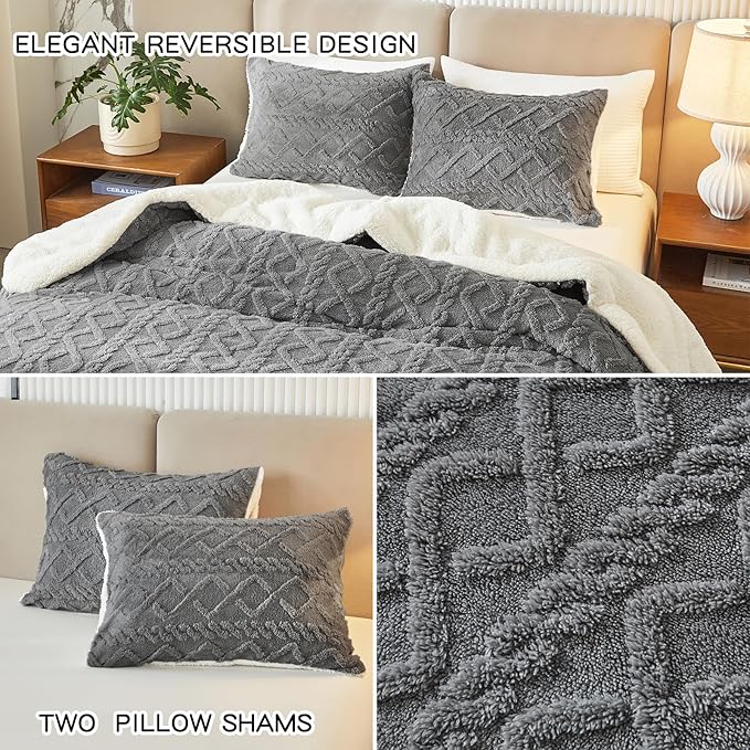 Joyreap 3-Piece Fluffy Faux Fur Sherpa Comforter Set Gray, Twin Size Luxury Tufted Bedding Comforter Set, All Season Soft n Cozy Plush Comforter Bed Set- 68x86 inches