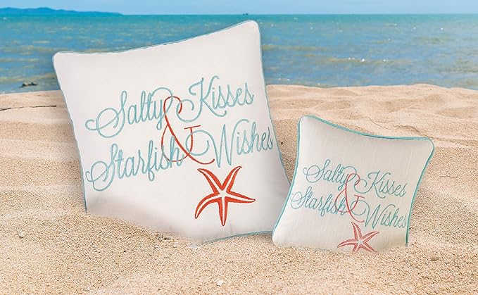 C&F Home Salty Kisses Starfish Wishes Embroidered Cotton Accent Throw Pillow 18" x 18" All Seasons Summer Beach House Inspirational Quote Coastal Home Living Room Sofa Couch Chair Bed Bedroom Decor