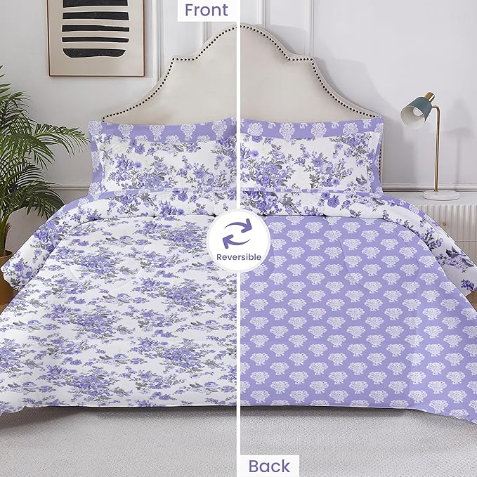 Floral King Comforter Set with Sheets, 7 Piece Luxury Vintage Bedding, Soft Microfiber Bed in a Bag, Cozy Lightweight Bed Set, Lavender Flower Grey Leaf