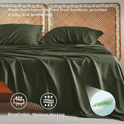 Bedsure Queen Sheet Set, Rayon Derived from Bamboo, Cooling Sheets, Breathable & Soft, Deep Pocket Up to 16 Inches, Hotel Luxury Silky Bedding for Hot Sleepers, Olive Green