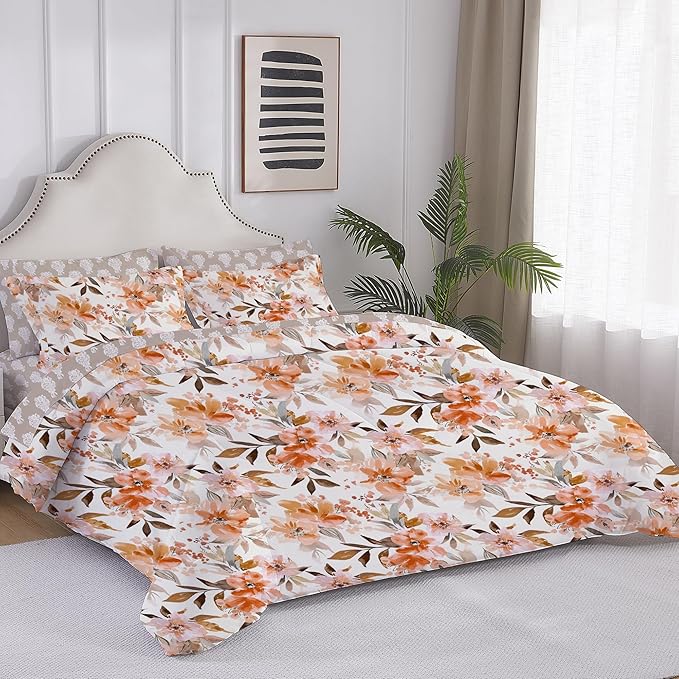 Floral King Comforter Set with Sheets, 7 Piece Luxury Vintage Bedding, Soft Microfiber Bed in a Bag, Cozy Lightweight Bed Set, Burnt Orange Flower Brown Leaf Fall