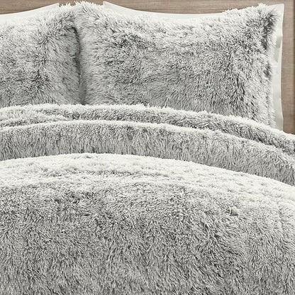 Lush Decor Emma Cozy Soft Fluffy Two Tone Faux Fur Comforter Set, Full/Queen, Gray - College Dorm Shaggy Plush Warm 3 Piece Bedding Set