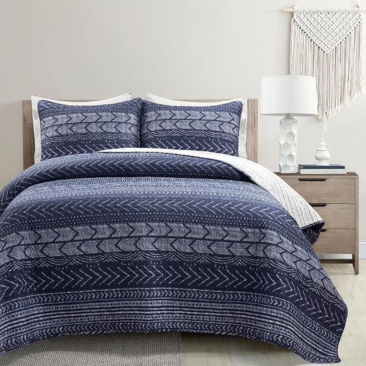 Lush Decor Hygge Geo Pattern Striped 3 Piece Quilt Bedding Set, King, Navy