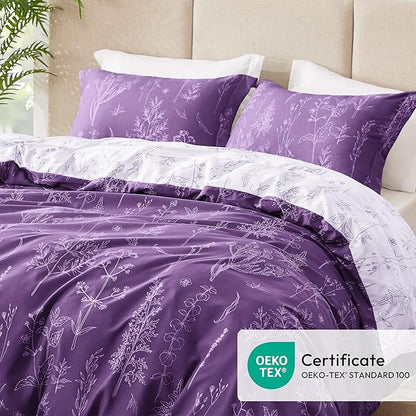 Love's cabin Dark Purple Full Comforter Set - Full Size Comforter Set, 3 Pieces Cute Floral Bedding Sets for All Seasons,1 Soft Reversible Botanical Flowers Comforter and 2 Pillow Shams