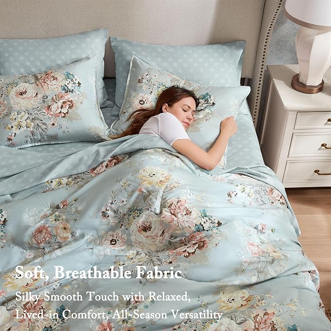 Madison Park Essentials Floral Comforter Set Cal King Size, Vintage Flower Bedding Set with Sheet Set, 7 Pieces Bed in a Bag, Reversible Botanical Comforter, Pillowcases & Shams, Heather, Soft Blue