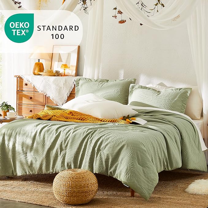 Geniospin Queen Comforter Set - 7 Pieces Botanical Textured Sage Green Bedding Sets, Boho Shabby Chic Comforter Set, All Season Lightweight Bed in a Bag with Comforter, Sheets, Pillowcases & Shams
