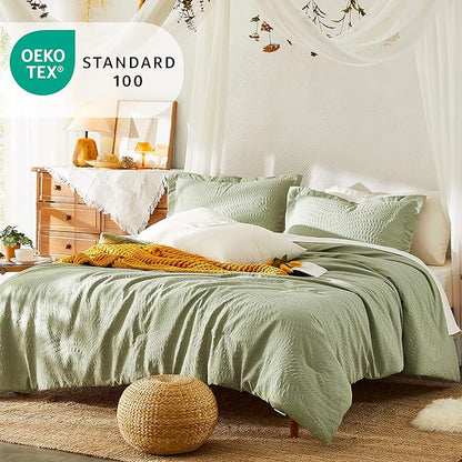 Geniospin Queen Comforter Set - 7 Pieces Botanical Textured Sage Green Bedding Sets, Boho Shabby Chic Comforter Set, All Season Lightweight Bed in a Bag with Comforter, Sheets, Pillowcases & Shams