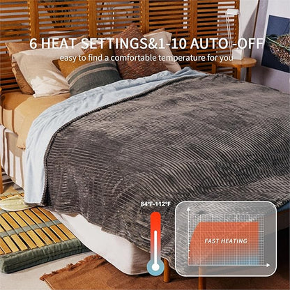 Heated Blanket Twin Size 62"x84",ETL Certification-6 Heating Levels Electric Blanket&1-10 Hour Auto Off,Machine Washable Heating Blanket (Grey)